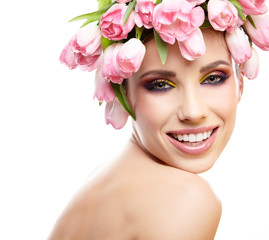 beauty woman portrait with wreath from flowers on head over whit