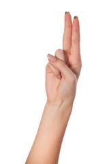 Wall Mural - Hand gesture number four closeup isolated on white