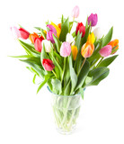 Fototapeta Tulipany - Colorful tulips in a glass vase isolated on a white background