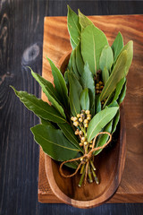 Bay leaf on a wooden board