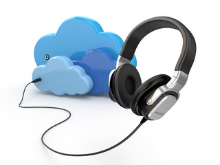 Poster - Cloud computing multimedia concept. Headphones and clouds.