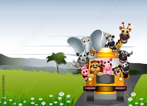 Fototapeta do kuchni funny animal cartoon on yellow car and tropical forest