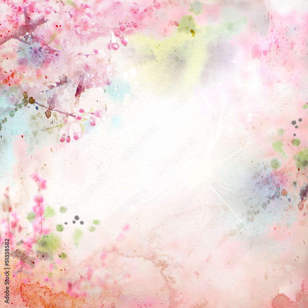 Scenic watercolor background, floral composition Sakura - obrazy, fototapety, plakaty 