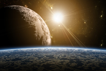 Wall Mural - a view of planet earth, moon and sun. abstract background of dis