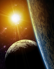 Wall Mural - a view of planet earth, moon and sun. abstract background of dis