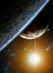 Wall Mural - a view of planet earth, moon and sun. abstract background of dis