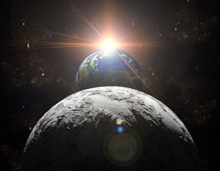 Wall Mural - a view of planet earth, moon and sun. abstract background of dis