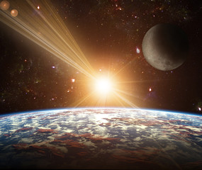 Wall Mural - a view of planet earth, moon and sun. abstract background of dis