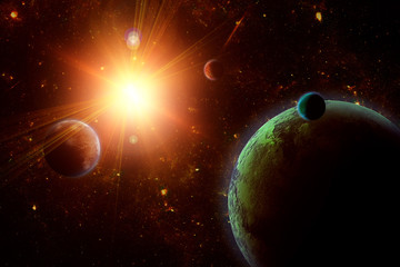 Wall Mural - a view of planet, moons and the deep space. abstract illustratio