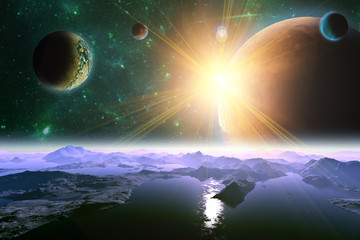 Wall Mural - a view of planet. moons and the universe from the earth surface.
