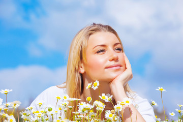 Wall Mural - Pretty woman on daisy meadow