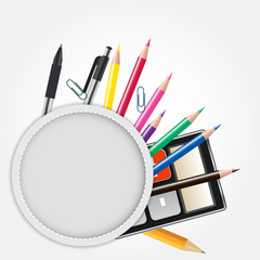 School theme background with different tools. Vector illustratio