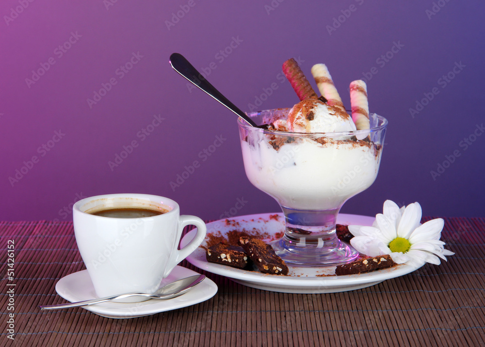 Ice cream with wafer sticks and coffee on gray background