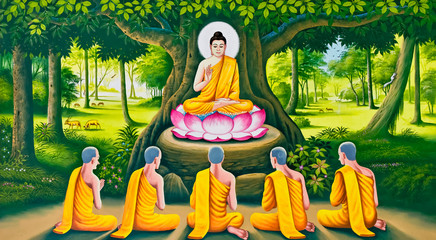 the buddha's teaching image on thai temple wall