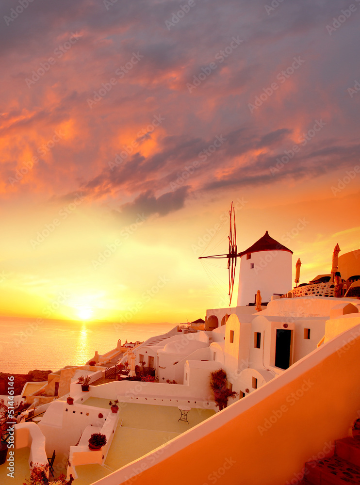 Windmill in Santorini against sunset, Greece - obrazy, fototapety, plakaty 