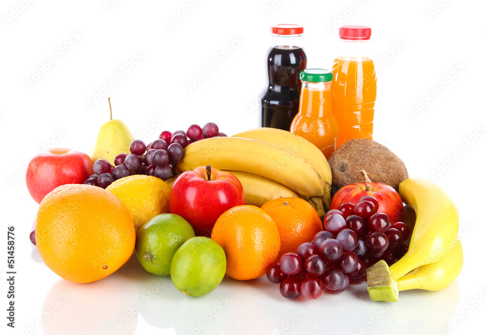 Different fruits and juice isolated on white