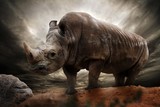 Fototapeta Sawanna - Huge rhinoceros against stormy sky
