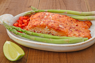 sweet chilli salmon with asparagus, red sweet pepper and lime