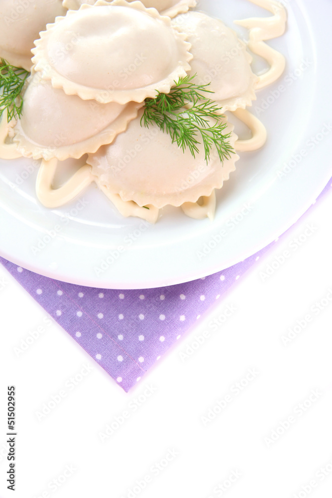 Tasty dumplings on plate, isolated on white