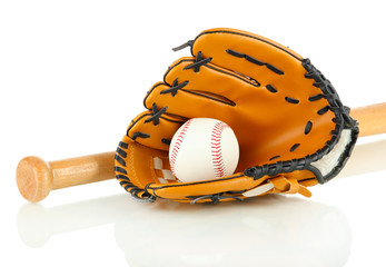 Wall Mural - Baseball glove, bat and ball isolated on white