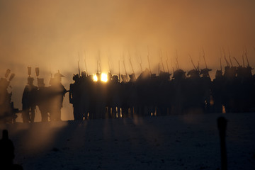 History fans in military costumes, Austerlitz