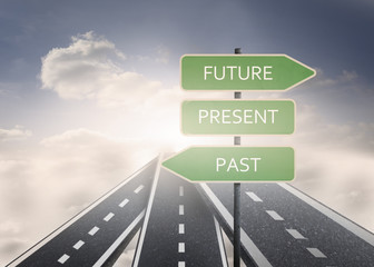 Poster - Signposts with future present and past standing on a road