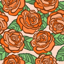 Seamless Background. Orange Roses With Green Leaves