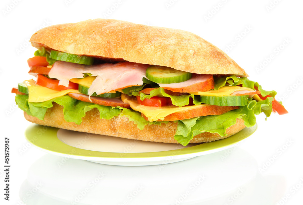 Fresh and tasty sandwich with ham and vegetables isolated
