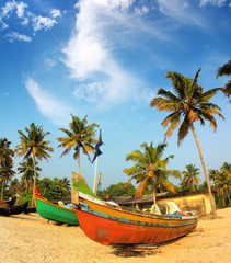 Wall Mural - old fishing boats on beach in india