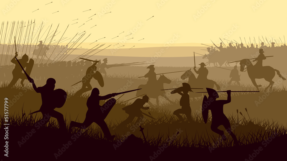 Abstract illustration of medieval battle. - obrazy, fototapety, plakaty 