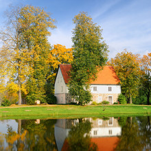House At The Lake Bank In Autumn. Sigulda, Latvia