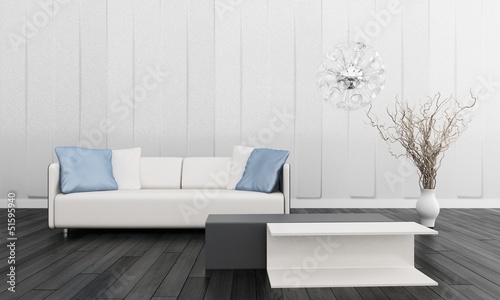 Modern White Couch With Blue Pillows In Front Of Wall Buy This