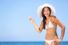 Beach Woman Pointing Showing Vacation Concept