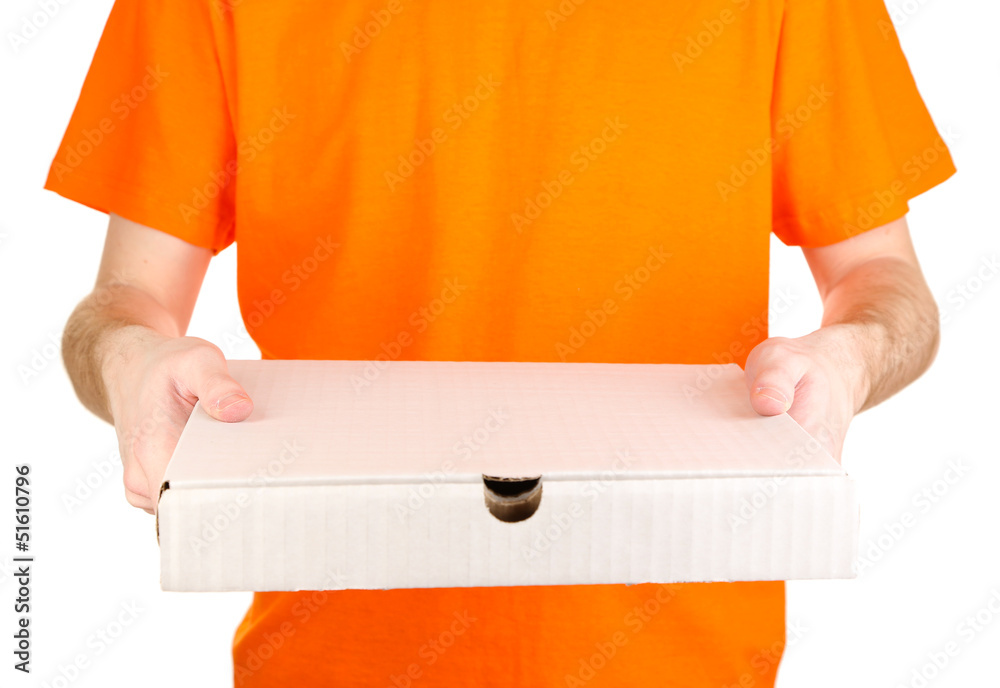 Pizza delivery courier isolated on white