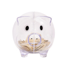 Savings in piggy bank isolated on white background