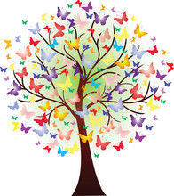 Vector Beautiful Spring Tree, Consisting Of Butterflies