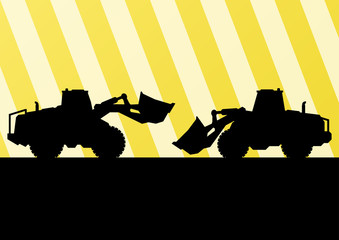 Excavator and bulldozer detailed tractor silhouettes in construc