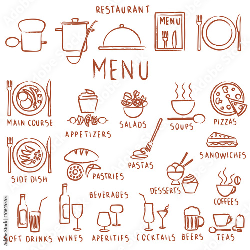 Fototapeta na wymiar Various hand drawn restaurant menu elements