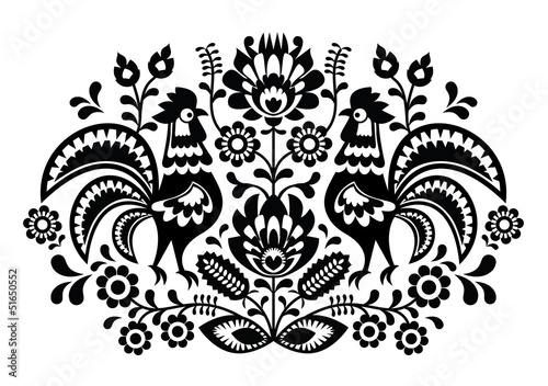 Nowoczesny obraz na płótnie Polish floral embroidery with roosters pattern