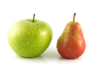 Ripe red pear with green apple on white background