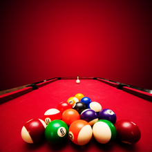Billards Pool Game. Color Balls In Triangle, Aiming At Cue Ball