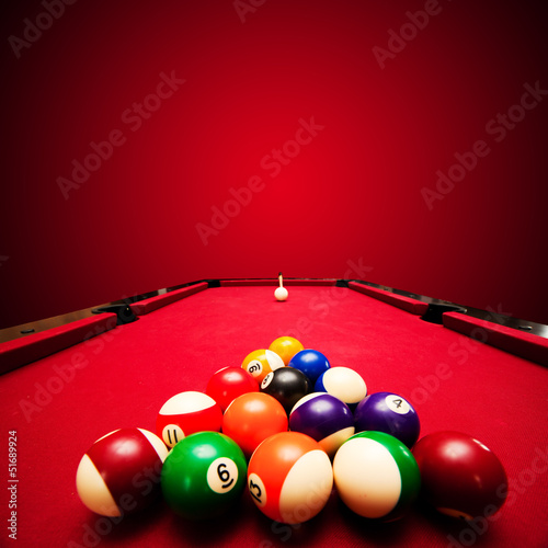 Fotografie, Obraz Billards pool game. Color balls in triangle, aiming at cue ball
