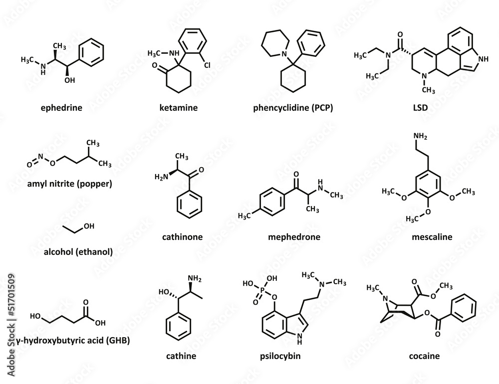 Recreational drugs: ephedrine, ketamine, phencyclidine (PCP), .. - obrazy, fototapety, plakaty 