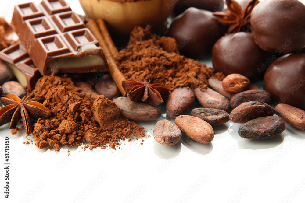 Composition of chocolate sweets, cocoa and spices, isolated