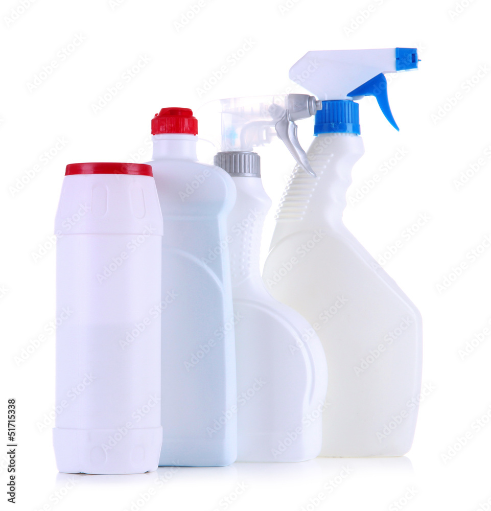 Different kinds of kitchen cleaners, isolated on white