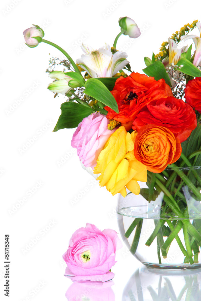 Excellent buttercup flowers in glass vase isolated on white