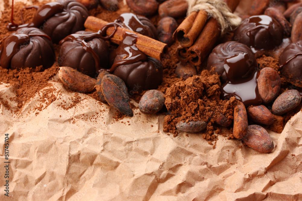 Composition of chocolate sweets, cocoa and spices