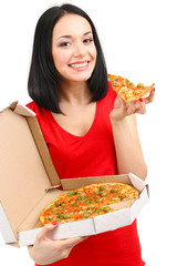 Canvas Print - Beautiful girl eats pizza isolated on white