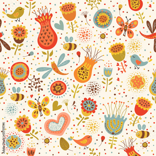 Cotton fabric Cute seamless hand-drawn floral pattern.