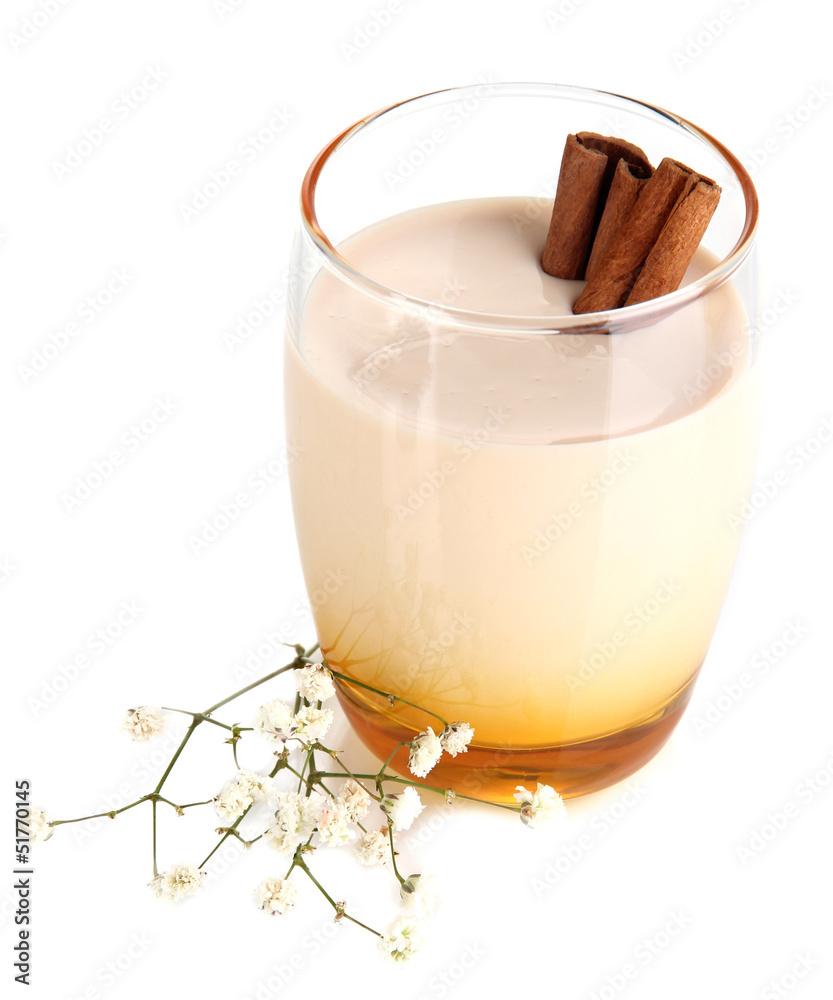 Delicious yogurt in glass with cinnamon isolated on white